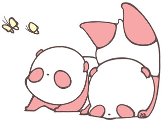 A baby panda falls on its face and falls upside down, and a baby panda looks up at a butterfly (red)