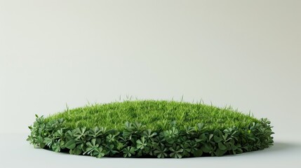 Podium with green plants and grass on light background with space for product display, eco concept