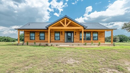 Fototapeta premium Modern Wooden House With Metal Roof. Rustic Design, Clear Sky. Serene And Inviting.