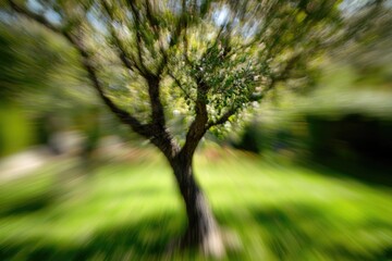 Fototapeta premium A blurry image of a tree in a green area with grass and possibly some benches