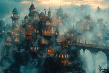 Misty Mountaintop Village at Dusk