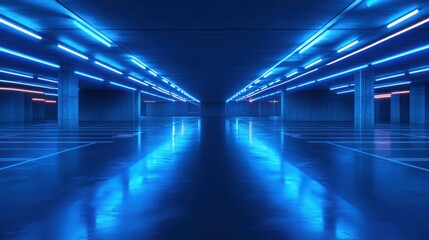 Neon Blue Lit Parking Garage: Futuristic Architectural Design and Lighting