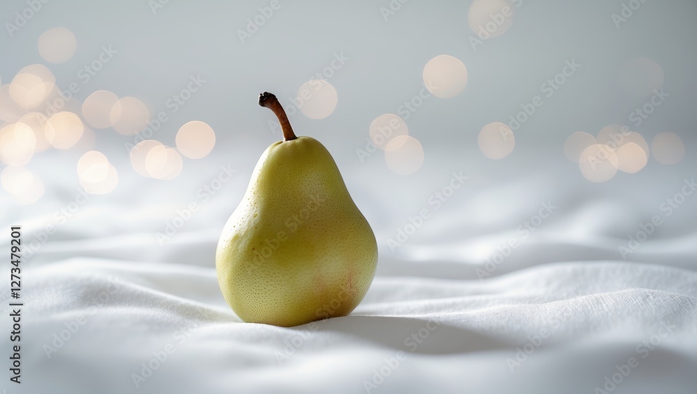 Poster fresh pear placed on textured white fabric with blurred background bokeh lights for a soft, aestheti