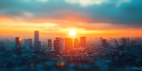Fototapeta premium A mesmerizing cityscape bathed in vibrant oranges and blues, layered skyscrapers reaching into the sky, each structure etched against an enchanting horizon