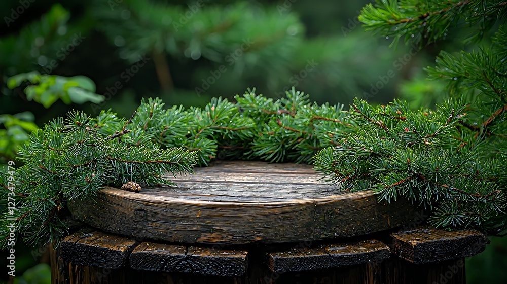 Poster Wooden platform with pine branches in a forest background for product display, nature environment