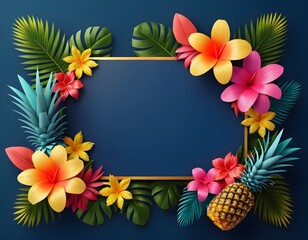 Fototapeta premium Tropical Summer Frame with Pineapples and Flowers