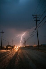 Cars drive on road at night during a lightning storm. Road safety promo
