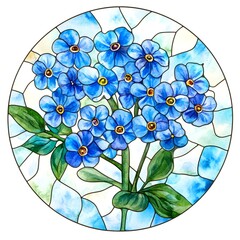 a vibrant watercolor painting of a forget-me-not flower with detailed blue petals in a stained glass design