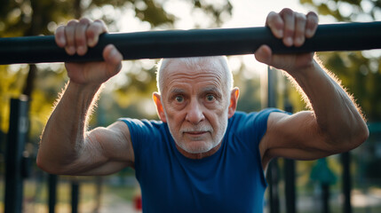 Naklejka premium Senior man gripping a pull-up bar in an outdoor fitness park. Strength training and active aging through bodyweight exercise