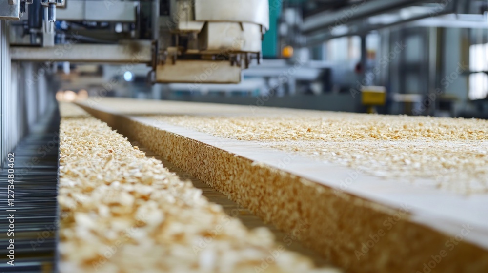 Poster automated machinery precisely cuts a large wooden board in factory