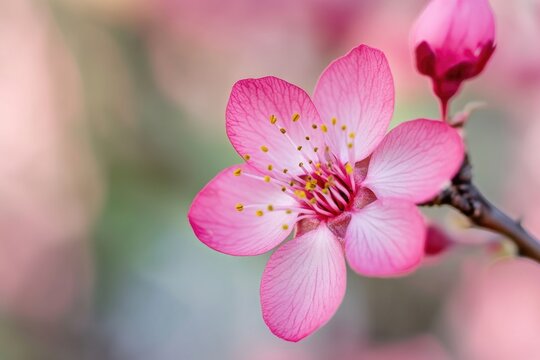 A close-up shot of a pink flower blooming on a branch, great for gardening or nature-themed designs