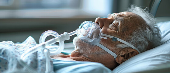Elderly man receiving respiratory support while resting in a hospital bed during treatment at a healthcare facility