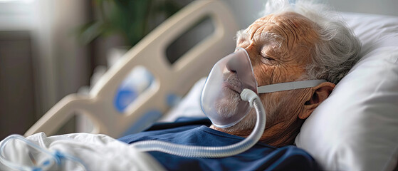 Elderly man receiving medical care in a hospital room while using oxygen support