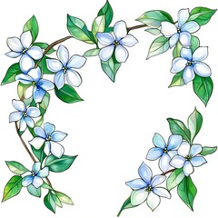 Obraz premium a delicate watercolor illustration of a floral branch with light blue flowers and vibrant green leaves, arranged in a corner frame
