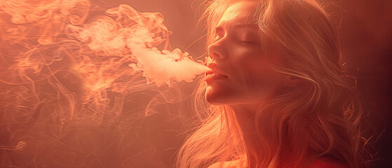 Woman exhaling a vapor cloud in a dimly lit space with warm orange hues during an evening gathering