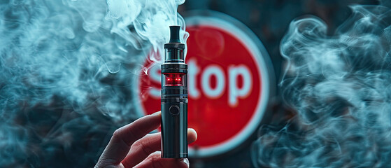 Vaper holds device releasing dense smoke in front of a stop sign illuminated in urban setting at dusk
