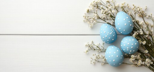 Obraz premium Willow branches and decorations with Easter eggs on a light background. A flat lay concept celebrating a happy Easter