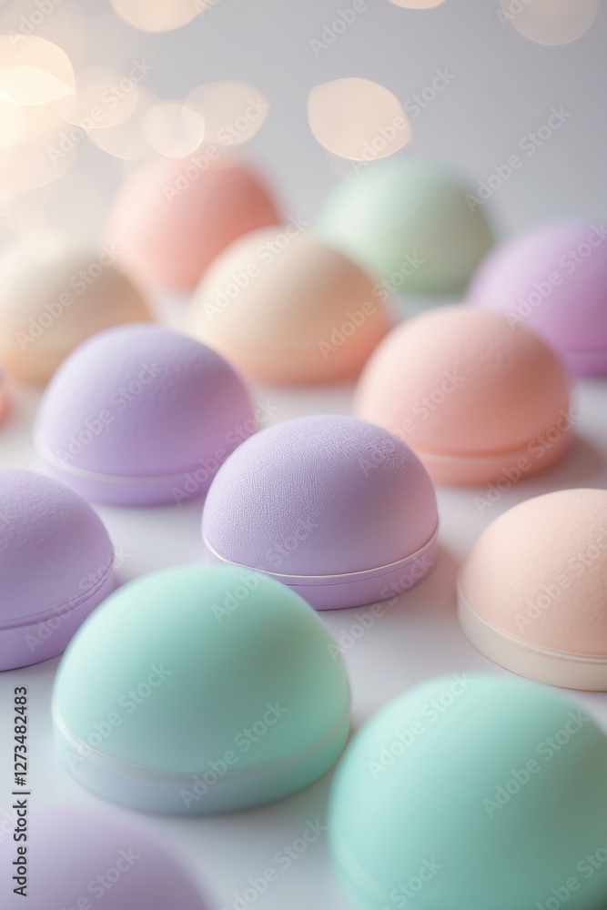 Poster colorful decorative spheres displayed on a smooth surface, capturing a playful array of pastel hues 