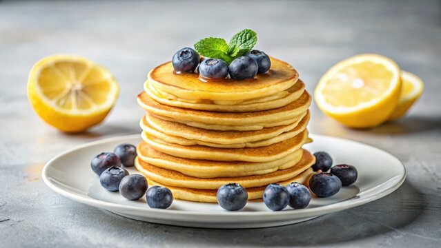 A delightful stack of golden pancakes, adorned with fresh blueberries and a sprig of mint, served on a pristine white plate, accompanied by lemon slices, a perfect breakfast or brunch treat.