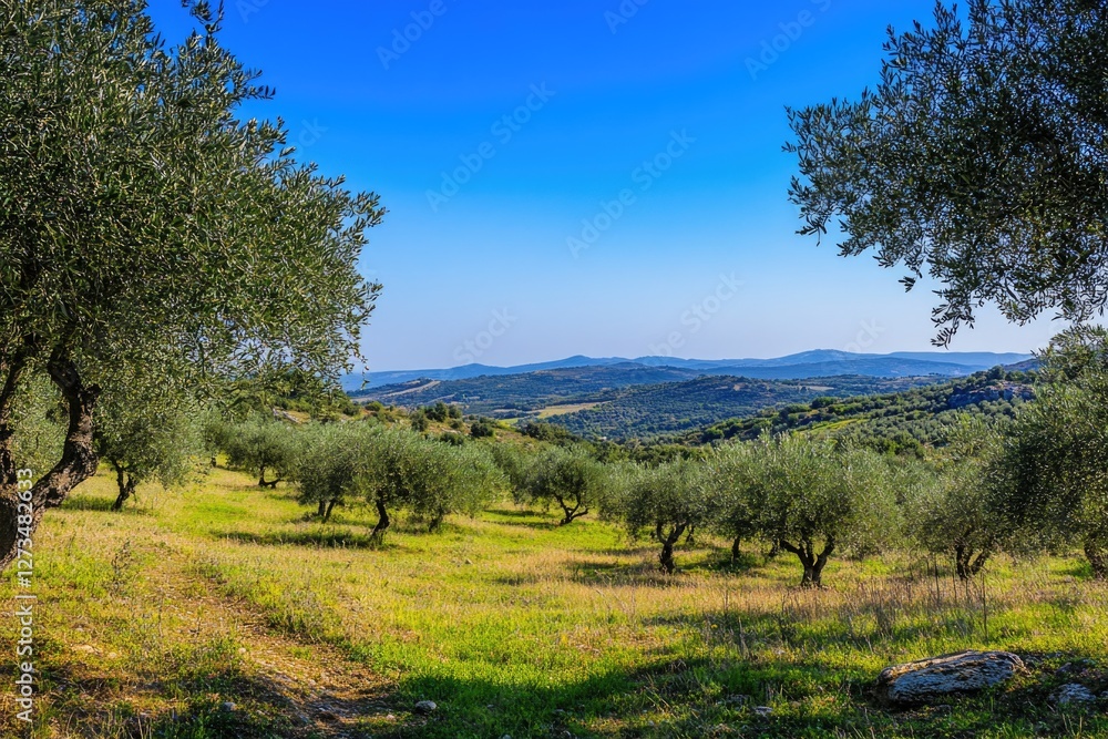 Poster a serene open field with a distant mountain range and tree-covered hills, perfect for use as a backg