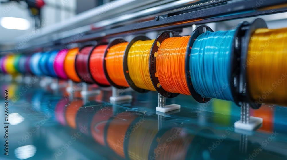 Poster brightly colored spools of thread line the workspace in a textile workshop, demonstrating a variety 