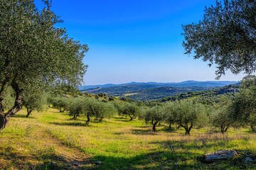 Fototapeta premium A serene open field with a distant mountain range and tree-covered hills, perfect for use as a background or scenic element