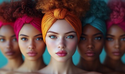 Obraz premium Five Women with Curly Hair and Colorful Head Wraps in Soft Lighting