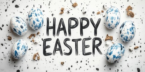 An elegant Easter design with eggs, pearls, and confetti on a gold-dotted background. Great for invitations, cards, menus, flyers, banners, posters, and vouchers