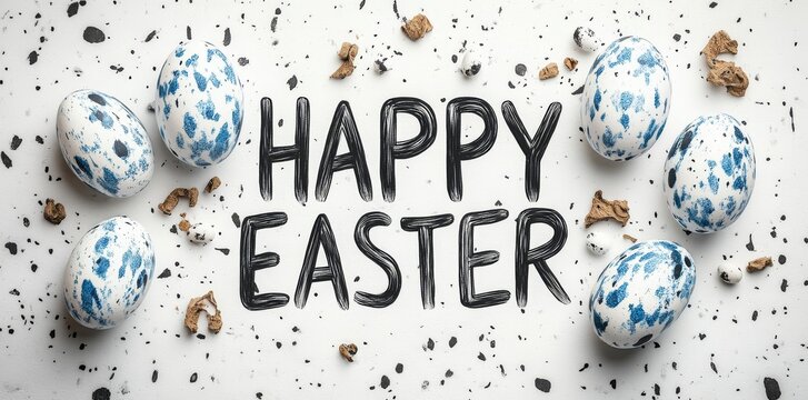 An elegant Easter design with eggs, pearls, and confetti on a gold-dotted background. Great for invitations, cards, menus, flyers, banners, posters, and vouchers