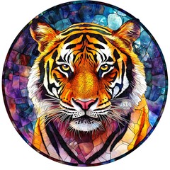 a stunning close-up of a tiger in a mosaic style, exuding power and beauty, its eyes pierce through the viewer