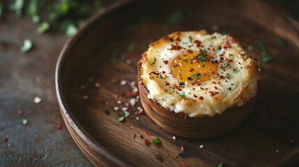 A minimalist composition of a cheesy baked egg cup, sprinkled with Parmesan and red pepper flakes, placed on a rustic wooden plate