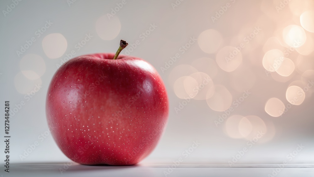Poster fresh red apple on a white surface with soft bokeh background suggesting a warm and inviting atmosph