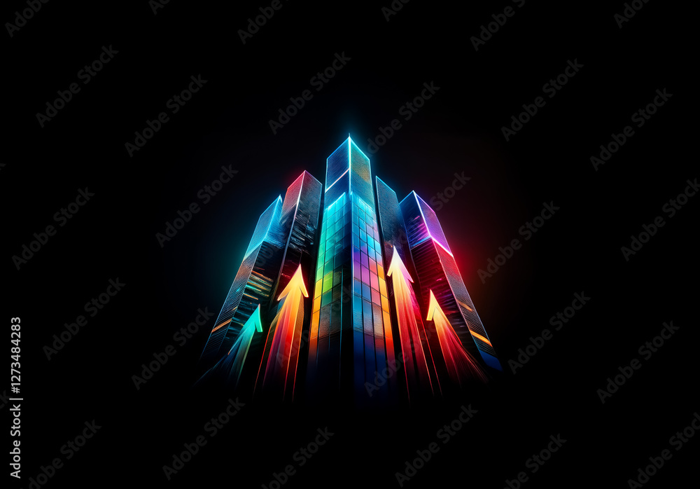 Poster Shenzhen, China - Unknown Date : Abstract glowing buildings with upward arrows are illuminated with neon colors against a stark black background creating a futuristic and dynamic scene.