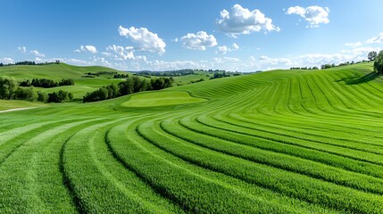 Lush Green Rolling Hills Under Bright Blue Sky with Fluffy White Clouds