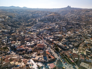 Aerial view of Goreme, Cappadocia, showcasing unique rock formations and traditional architecture