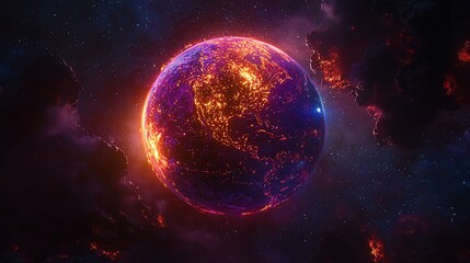 Obraz premium Burning planet Earth in space, fiery cosmic landscape.