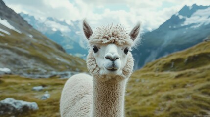 Fototapeta premium Close up portrait of a fluffy alpaca in mountainous landscape