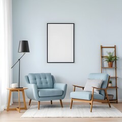 Modern Living Room Interior with Blue Armchairs and Blank Canvas