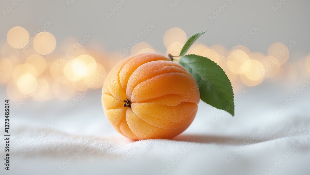 Poster fresh apricot resting on soft fabric with blurred lights in the background during daytime