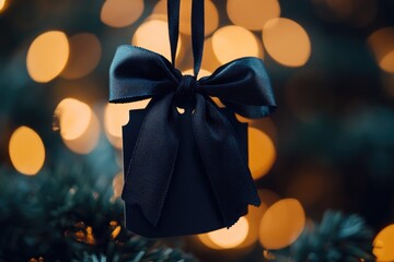 A black bow hanging from a Christmas tree, adding a touch of elegance