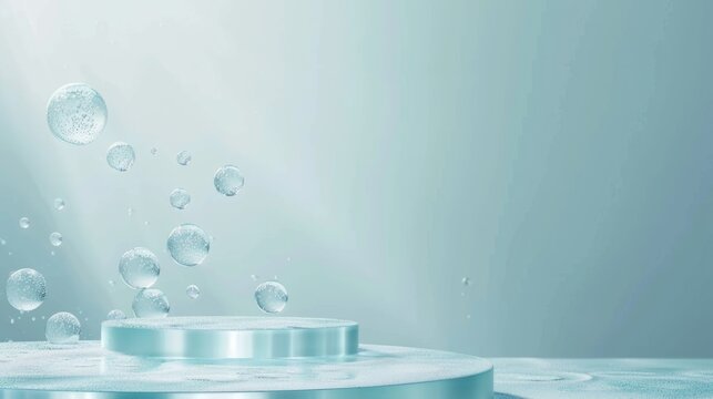 Transparent water bubbles floating over turquoise podium. Cosmetic product display platform background, moisturizing concept