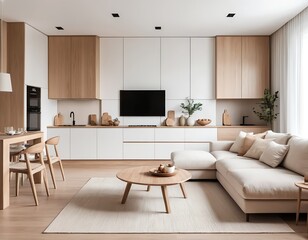 Modern Minimalist Living Room Interior Design with Beige Sofa and Wooden Accents