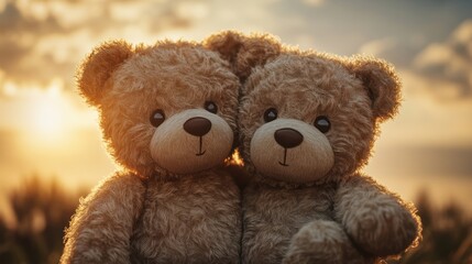 Obraz premium Two Adorable Teddy Bears at Sunset Golden Hour Embrace Friendship Warmth