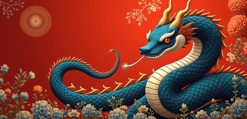 Obraz premium A vibrant illustration of a majestic blue dragon against a bold red background, adorned with floral motifs, perfect for cultural, festive, or mystical themes.