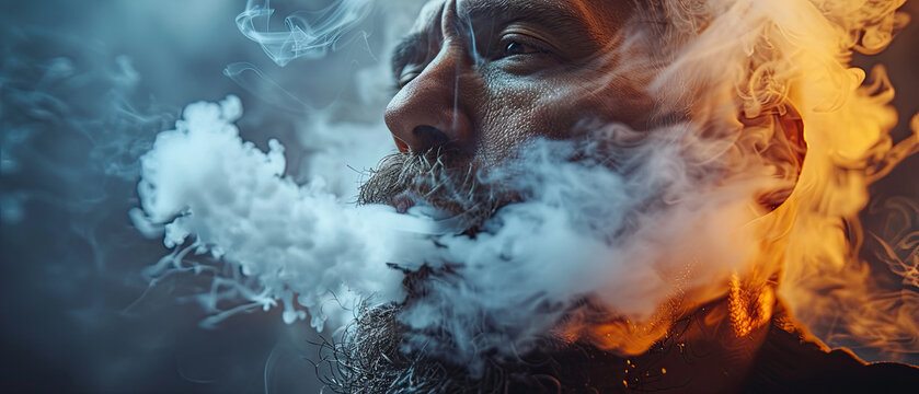 Man exhaling vapor in dramatic lighting during a late evening session