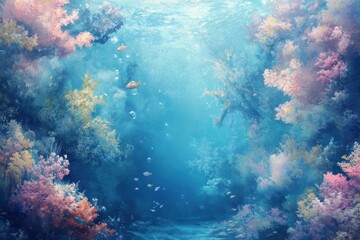 Fototapeta premium Serene underwater scene with vibrant coral reefs and fish.
