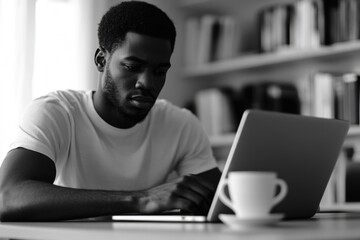 A person sitting in front of a laptop with a focused expression, suitable for use in illustrations about remote work or digital communication