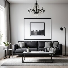 Modern Living Room Interior Design with Black Sofa and Chandelier