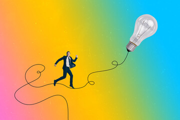 Art 3d sketch photo image collage of happy businessman wear formal suit run cable light bulb idea...
