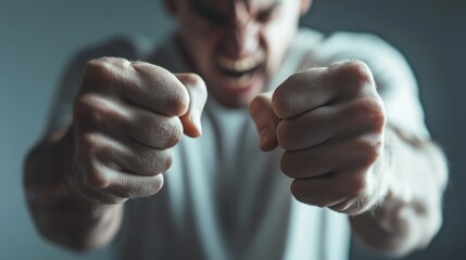 Withdrawal symptoms cause intense irritability. A person with clenched fists, visibly agitated and angry